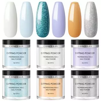 COSCELIA 6 шт., акриловая пудра для ногтей, акриловая пудра для дизайна ногтей, 10 г, пудра для французского маникюра, блестящая пудра телесного цвета, набор для замачивания, маникюрный набор