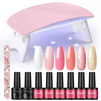 COSCELIA 6 шт. гель-лак для ногтей, полупостоянный УФ-гель, основа, верхнее покрытие, маникюрный набор для ногтей, 6 Вт, УФ-светодиодная лампа, сушилка для ногтей, инструменты для дизайна ногтей