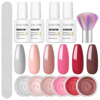 COSCELIA, 6 шт., набор для погружной пудры для ногтей, стартовый набор, телесный, розовый, серый, набор активаторов для погружной пудры, основа и верх для салона французского маникюра, набор для самостоятельного изготовления ногтей, стартовый набор
