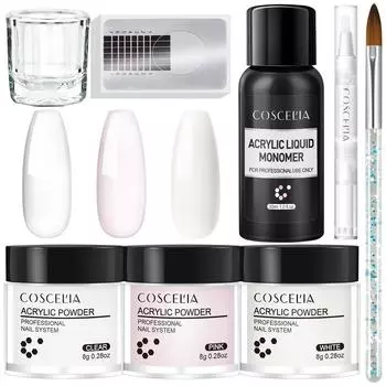 COSCELIA 8 г акриловая пудра с 30 мл жидкой акриловой накладными ногтями, набор для сборки 3D-резьбы, быстрое наращивание ногтей, набор кристаллической пудры