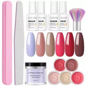 COSCELIA 8 шт., 2 г, пудра для окунания, 7,5 мл, пудра для окунания, активатор, основа и верхнее покрытие для ногтей, пудра для дизайна ногтей, набор для дизайна ногтей, маникюрный набор