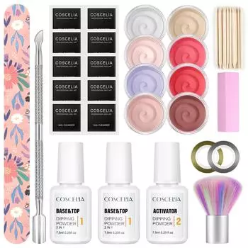 COSCELIA, 8 шт., набор инструментов для дизайна ногтей с пудрой для окунания ногтей и активатор для окунания пудры для базового верхнего покрытия 2 в 1, набор для дизайна французских ногтей