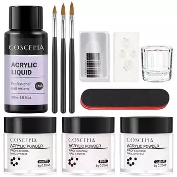 COSCELIA 8G Кристаллический порошок Натуральный сухой порошок для наращивания 3D Резной цветок с набором акриловых жидкостей Кисть для ногтей для маникюра Набор инструментов для дизайна ногтей