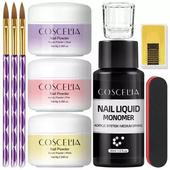 COSCELIA Акриловая пудра Crystal Nail Акриловая жидкость Набор кистей для ногтей Кисть для накладных ногтей Наращивание ногтей Акриловый дизайн ногтей Инструменты для дизайна ногтей Маникюрный набор