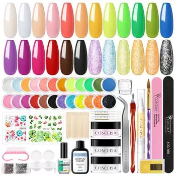 COSCELIA Акриловая пудра с 30 мл акриловой жидкостью для наращивания ногтей Пудра для украшения ногтей Наклейки для дизайна ногтей Инструменты для ногтей без лампы Маникюрный набор