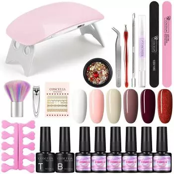 COSCELIA Гели для ногтей Гель-лак для ногтей 6 Вт Лампа для ногтей Базовый набор верхнего покрытия Инструменты для маникюра для ногтей Горный хрусталь для дизайна ногтей Набор УФ-цветных гель-лаков