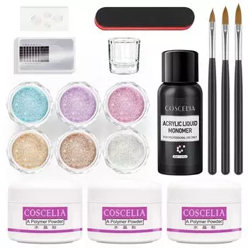COSCELIA Маникюрный набор Акриловая пудра с 30 мл жидкого акрилового мономера для окунания 3D-вырезки хрустальной пудры с блестками для ногтей Набор инструментов для наращивания ногтей