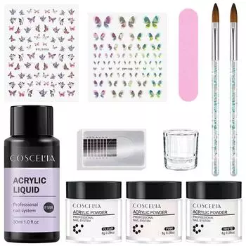 COSCELIA Набор для акриловых ногтей Кристаллическая акриловая пудра Жидкий набор Блестящие стразы и наклейки для ногтей Набор для дизайна ногтей Полигель для наращивания