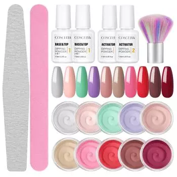 COSCELIA Порошок для окунания ногтей, блестящий порошок для ногтей и активатор для погружения, базовое верхнее покрытие, порошок для дизайна ногтей, маникюрный набор для окунания ногтей для французских ногтей