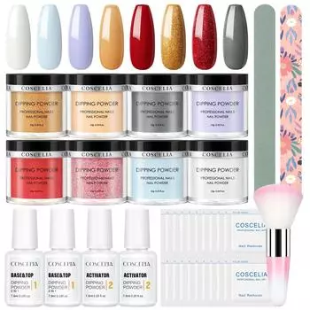 COSCELIA Порошок для окунания ногтей, набор из 8 цветов, пудра-активатор, базовое верхнее покрытие, система без лампы, натуральный сухой набор инструментов для маникюра для дизайна ногтей