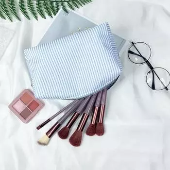 Cosmetic Bag Large Capacity Striped Print Zipper Closure Small Items Storage Portable Lightweight светло-синий