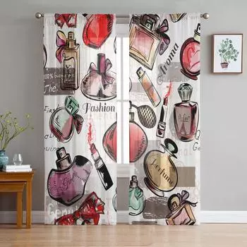 Cosmetic Perfume Lipstick Moisturizer Chiffon Sheer Curtains for Living Room Bedroom Decor Window Voile Tulle Curtain Drapes W135 x H114cm