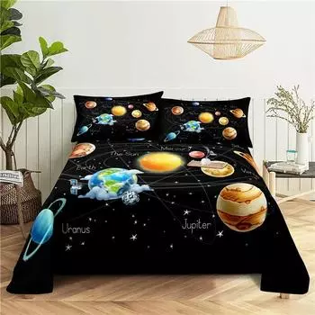 Cosmic Planets Bed Sheet Set Soft Polyester Bed Flat Sheet With Pillowcase Romantic Universe Galaxy Print Bed Sheet Home Textile 110x230cm 2pcs
