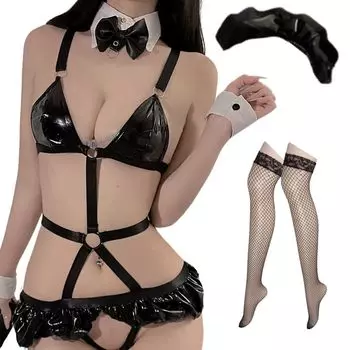 Cosplay Bondage Extreme Enamel Sexy Maid Glossy Black Sexy Lingerie High Leg Leotard Fishnet Tights Set SM Erotic Cute High Leg [MORApink]