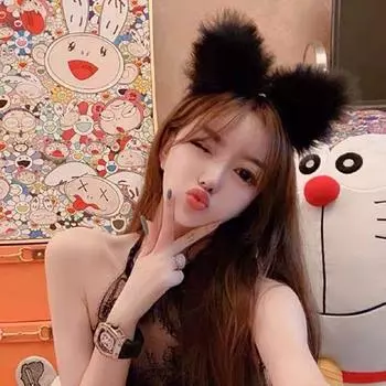 Cosplay Non-slip Bells Women Bow Cat Ear Headband Lolita Hair Band Iron Plush Headwear black-no bells