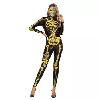 Cosplay Skeleton Rose 3D Printed Bodysuit Adult Long Sleeve Cosplay Costume Elastic Carnival Halloween Party Jumpsuit S бежевый