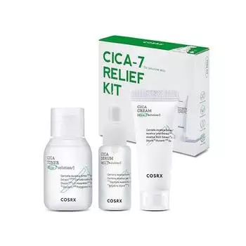 COSRX CICA-7 RELIEF KIT- 3 шага, Тонер+Сыворотка+Крем, Успокаивающий, Питательный, Kbeauty, Корейская косметика, образец