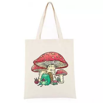 Cottagecore Эстетическая лягушка Вязание Грибной домик Женские сумки-шопперы Симпатичные хлопковые многоразовые роскошные женские сумки цвета хаки 24*26cm бежевый