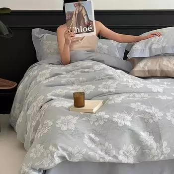 Cotton 60 yarn-dyed jacquard 4pcs set, pure cotton small floral high-end light luxury Chinese class A maternal and infant grade 4pcs set 1.5m bed sheet 4pc quilt 200 * 230