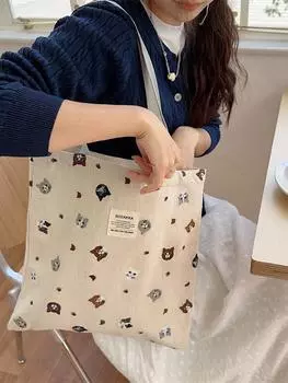 Сумка из хлопка и льна с вышитым котом, большая вместимость, переносная сумка через плечо, школьная сумка, сумка подмышкой