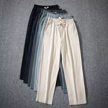 Cotton and Linen Cropped Pants for Men In Summer Thin Design Men s Cotton and Linen Pants Loose and Versatile Casual Pants for Summer M чёрный