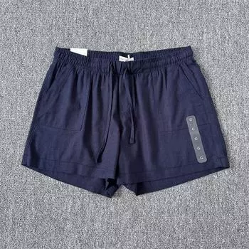 Cotton and Linen Elastic High Waist Thin Lace up Casual Loose Pants Navy blue shorts G