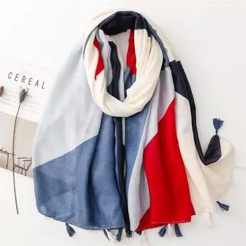Cotton And Linen Feel Bali Yarn Thin Design, Red And Blue Contrasting Colors, Geometric Fashion, Fresh Travel, Sun Protection Shawl For Women 180*90