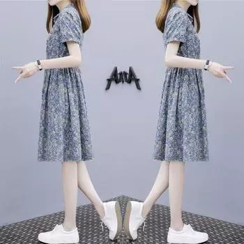 Cotton and Linen Floral Dress Women s New Arrival Summer 2024 Polo Collar Tight Waist Small Elegant A- line Skirt Blue S