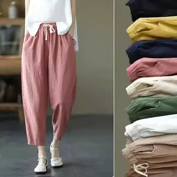 Cotton and Linen Pants, Women s Elastic Waisted Loose Casual Pants, Summer Retro Slimming, Lace Up Carrot Harem Pants XXXXL белый