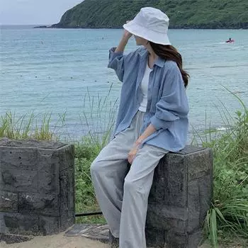 Куртка-рубашка из хлопка и льна, женская, весенне-летняя, с верхним воротником-поло, свободная, с защитой от солнца, с длинными рукавами S