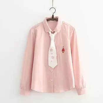 Cotton and Linen Shirt Lapel Button Sweet Lantern Embroider Pink S