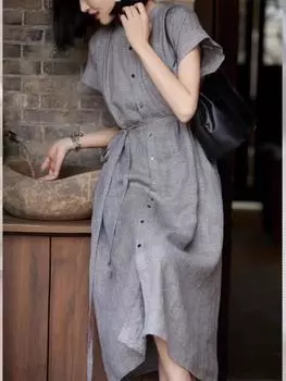 Cotton and linen small commuter medium and long coffee break dress 2025 summer light mature style high-end dress women M