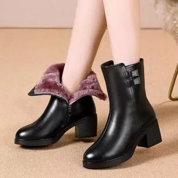 Cotton Boots Women Plus Velvet Warm Boots Thick Heel Non-slip Leather Shoes Martin Boots Women 40 чёрный