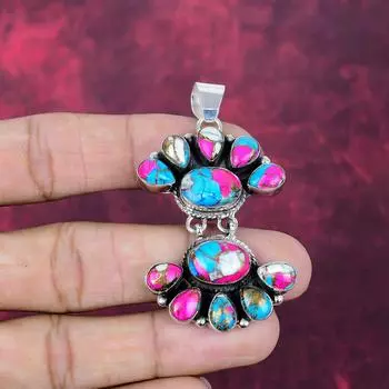 Cotton Candy Turquoise Handmade Gemstone Pendant, 925 Solid Sterling Silver Pendant Antique Jewelry, For Engagement Gift 2.44 Inches