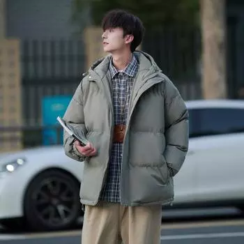 Cotton Clothes Men s Season New Thickened Loose Versatile Hooded Bread Clothes Cotton Clothes Student Jacket M темно-серого