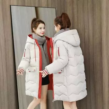 Cotton clothes, women s mid-length loose winter coats, thickened cotton jackets, bread clothes, cotton jackets, cotton jackets S (80-49.5 kg) красный