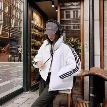 Cotton clothes women s short stripes contrasting colors down cotton-padded clothes winter coat new Korean version versatile women s clothing M