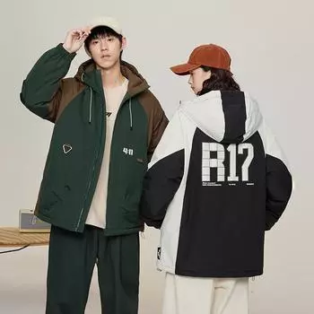 Cotton coat men s winter thickened warm men s coat trendy brand loose hooded casual color matching cotton coat couple s bread suit M