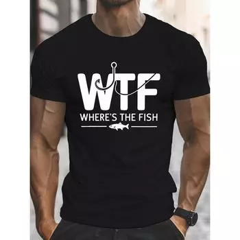 Cotton Cotton T Shirt Men s Casual Crew Neck WTF WHERE s THE FISH T-Shirts - Comfy for Summer, Geometric Print Tops S чёрный
