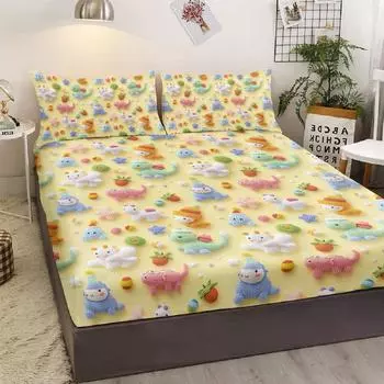 Cotton Dinosaur 3-Piece Bedding Set, Cute Dinosaur Type With 2 Pillowcases, Suitable For Bedroom (Fairy Tale, Children S Day) 99cmx199cm