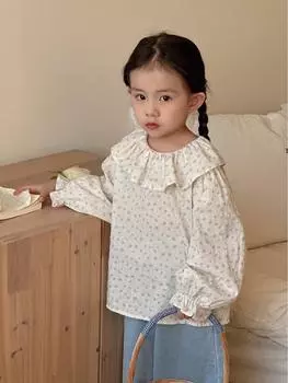 Cotton Domi Girls Ruffle Collar Jacquard Babydoll Shirt - 2024 Korean Spring Fashion 90 cm
