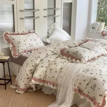 Cotton Double-layer Gauze Flower Bedding Set Four-piece Set Skin-friendly and Breathable Washed Sheets Quilt Covers Pillowcases 1.5m bed
