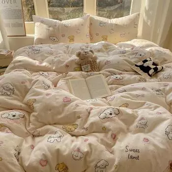 Cotton Double Yarn 4Pcs Set, Pure Cotton Bed Sheet, Bed Hat, Quilt Cover, Home Textile 1.2m bed sheet model three-piece set