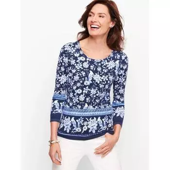Cotton Elastic 3/4 Sleeve Pullover Fashion Blue and White Porcelain Printed Blue and white porcelain pattern SP