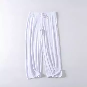 Cotton Elastic High Waist Shoelace Fashion Towel Material Casual Pants White L