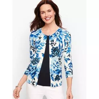 Cotton Elastic Printed 3/4 Sleeves Fashion Elegant Knitting Cardigan Watercolor orchid S
