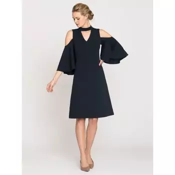 Cotton Elastic Socialite Dress Chubby Girl Half Length Flounced Sleeve Dress Nave blue XL