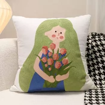 Cotton Fabric Little Girl Flower Pillow Living Room Sofa Cream Wind Accessible Luxury Throw Pillowcase Embroidered Bedside Cushion Tulip in hand-green hair 45*45 (pillowcase)