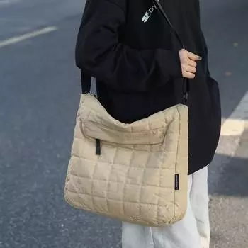 Cotton-Filled Tote Bag, Large-Capacity Cotton-Padded Shoulder Messenger Bag, Loose Feeling, Zipper, Autumn And Winter College Student Self-Study Bag коричневый