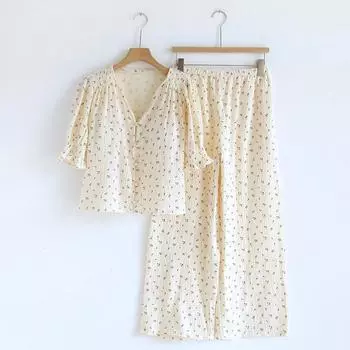 Хлопковая марлевая летняя женская пижама с короткими рукавами, длинные штаны, пижама для женщин, комплект из 2 предметов, ночная рубашка с нагрудными подушечками M